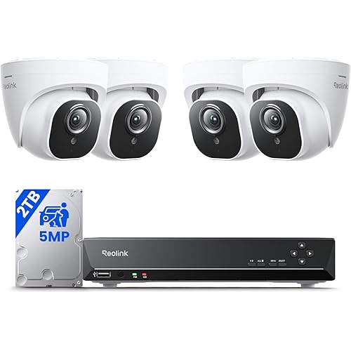 REOLINK Smart 5MP 8CH Home Security Camera System, 4pcs Wired PoE IP Cameras Outdoor with Person/Pet/Vehicle Detection, 4K 8CH NVR with 2TB HDD for 24-7 Recording, RLK8-520D4-5MP