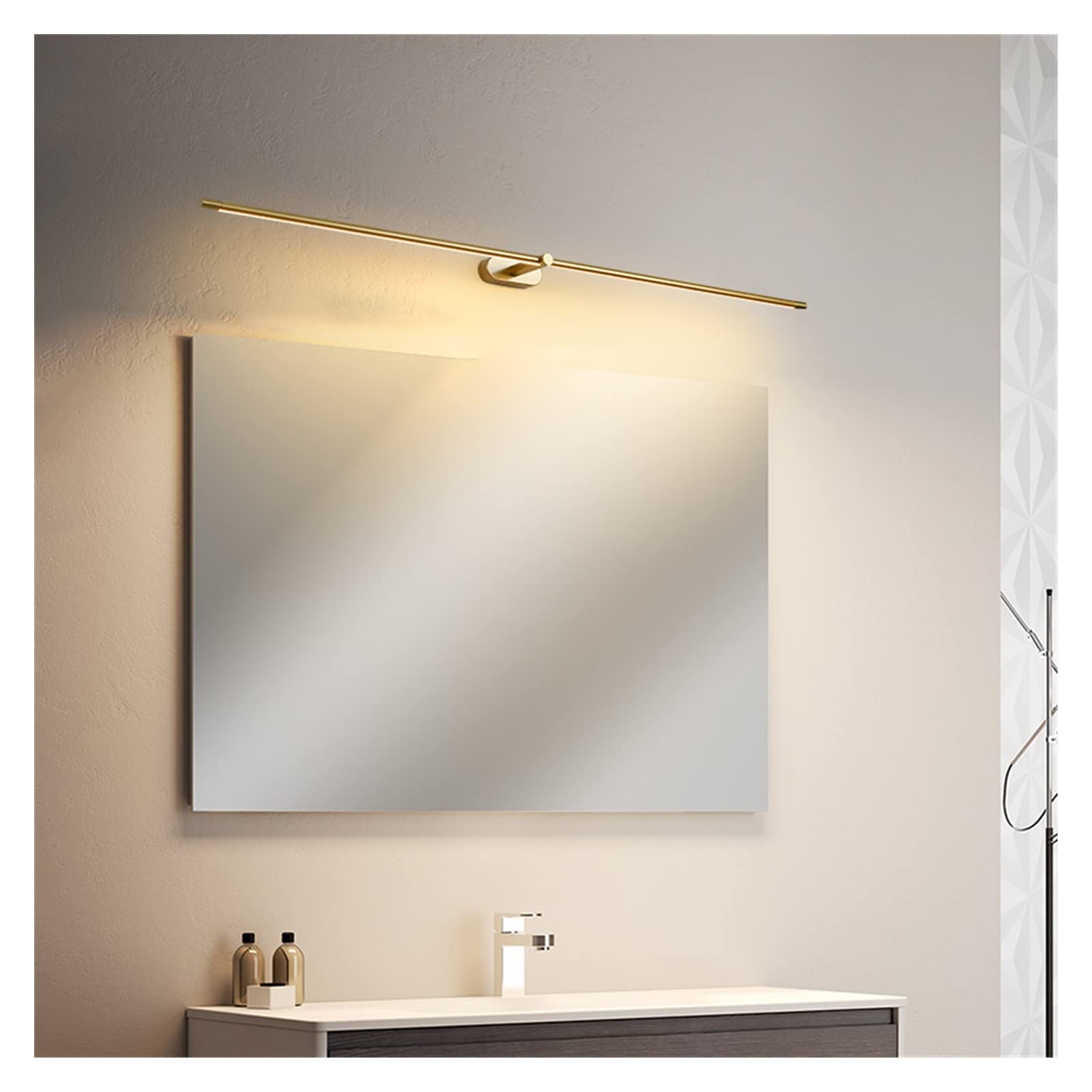 Nowoczesna lampa ścienna LED z lustrem – czarno-złoto-biała | Lampa przednia do łazienki, do makijażu i pielęgnacji(Goldwarmwhite,Length98cm)