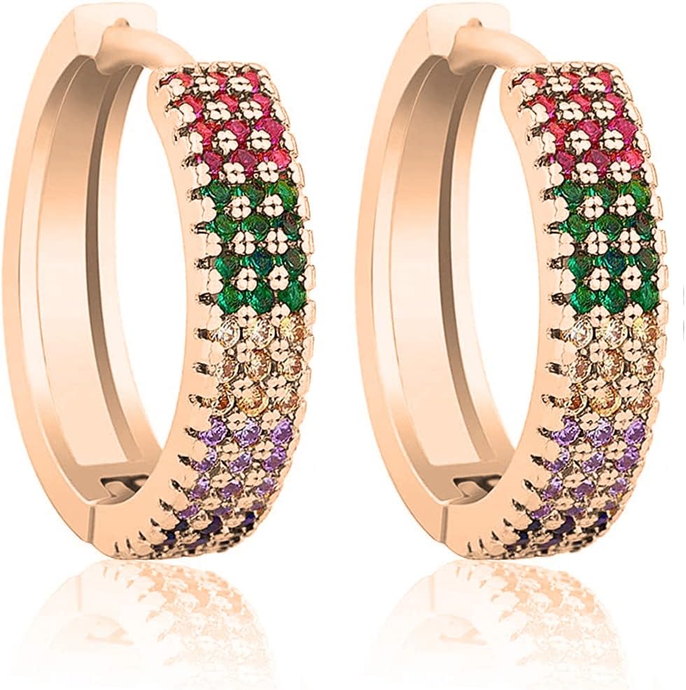 Savlano 14K Gold Plated Cubic Zirconia Multicolor Rainbow Huggie Hoop Round Earrings For Women Comes with Gift Box