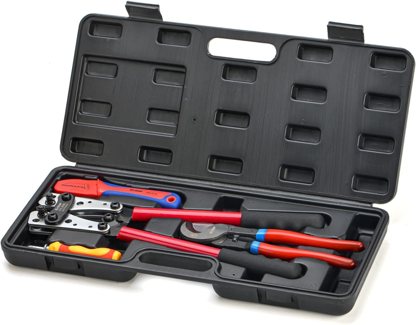 iCrimp Battery Cable Lug Crimping Tool Kit, Heavy Duty Crimper for Copper Lugs 6-50mm², Includes Wire Cutter up to 70mm² and Insulation Stripping Knife in Portable Case