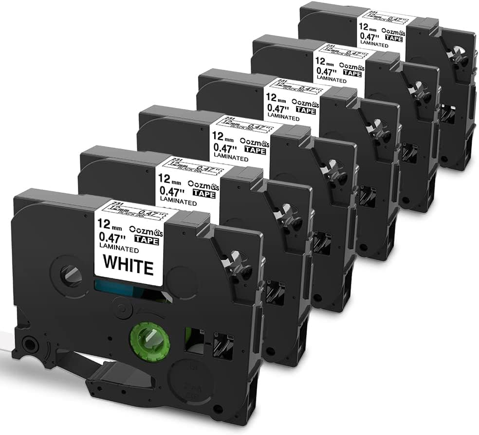 Oozmas Ptouch 1/2 Inch Black on White 12mm 0.47 Laminated Tape Compatible with Brother P Touch TZe AZe Tz TZe-231 Refills Work for Brother PTH110 PTD210 PTD220 PTD400AD Label Maker Tape, 6 Pack