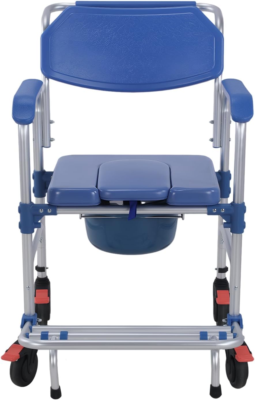 3 in 1 Shower Wheelchair for Elderly with Drop Arms Lockable Casters Sliding Shower Chair with Arms Anti-Tilt Foldable Footrest Holds Up to 330 Lbs Removable Bucket for Disabled and Pregnant (01)