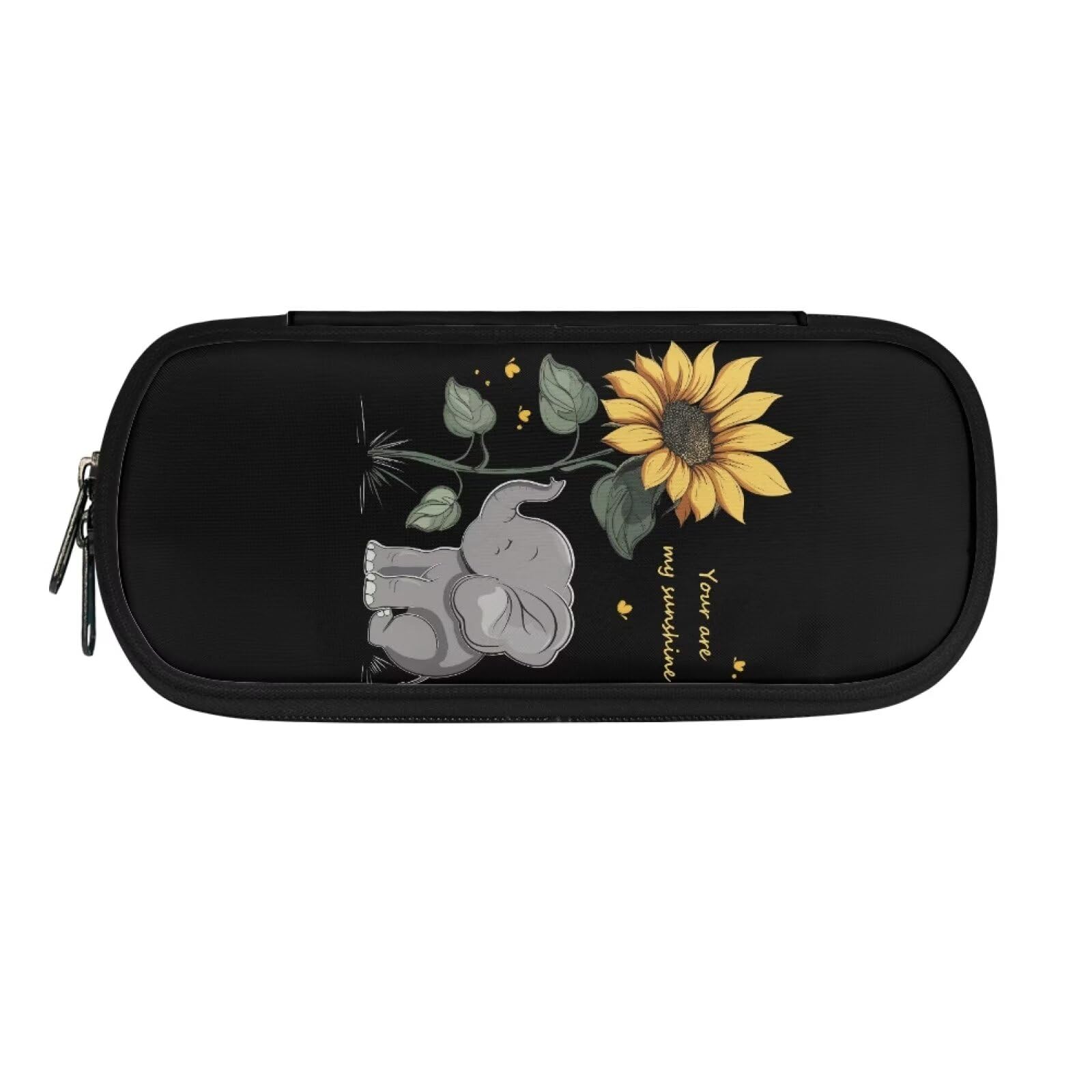 Showudesigns Sunflower Elephant Pencil Case Cute Pencil Pouch Holder for Girls Boys Pen Box Zipper Bag Large Capacity Pen Case Study Supplies Kawaii Stationery Organizer for College Office Work Black