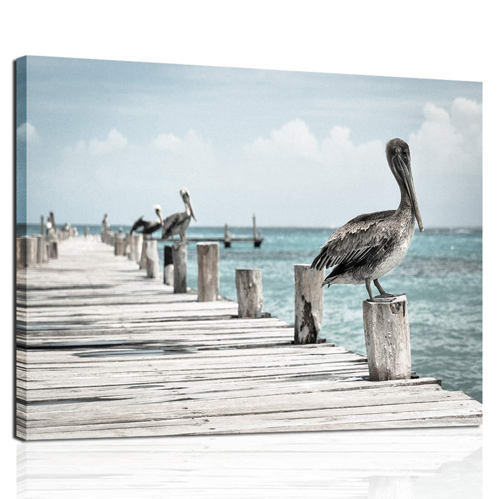 Anddy Pier Pelican Wall Art Animal Picture Canvas Print Sea Horizon Poster Printed Painting Modern Home Decor Gallery Wrapped Artwork Framed for Bedroom Living Room Bathroom Decoration Ready to Hang