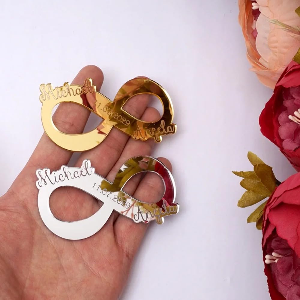 Personalisierte Unendlichkeitssymbole, Acrylspiegel, für Braut, Bräutigam, Hochzeit, Gastgeschenke, personalisierte Anhänger für Gastgeschenke, Spiegelsilber, 12,7 cm, 30 Stück