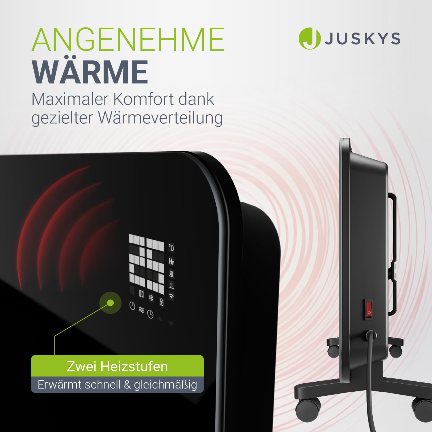 Juskys Glasheizung 2000W Glaskonvektor, Elektroheizung, App-Steuerung, LED-Display, Timer, Wand- & Standgerät mit Fernbedienung