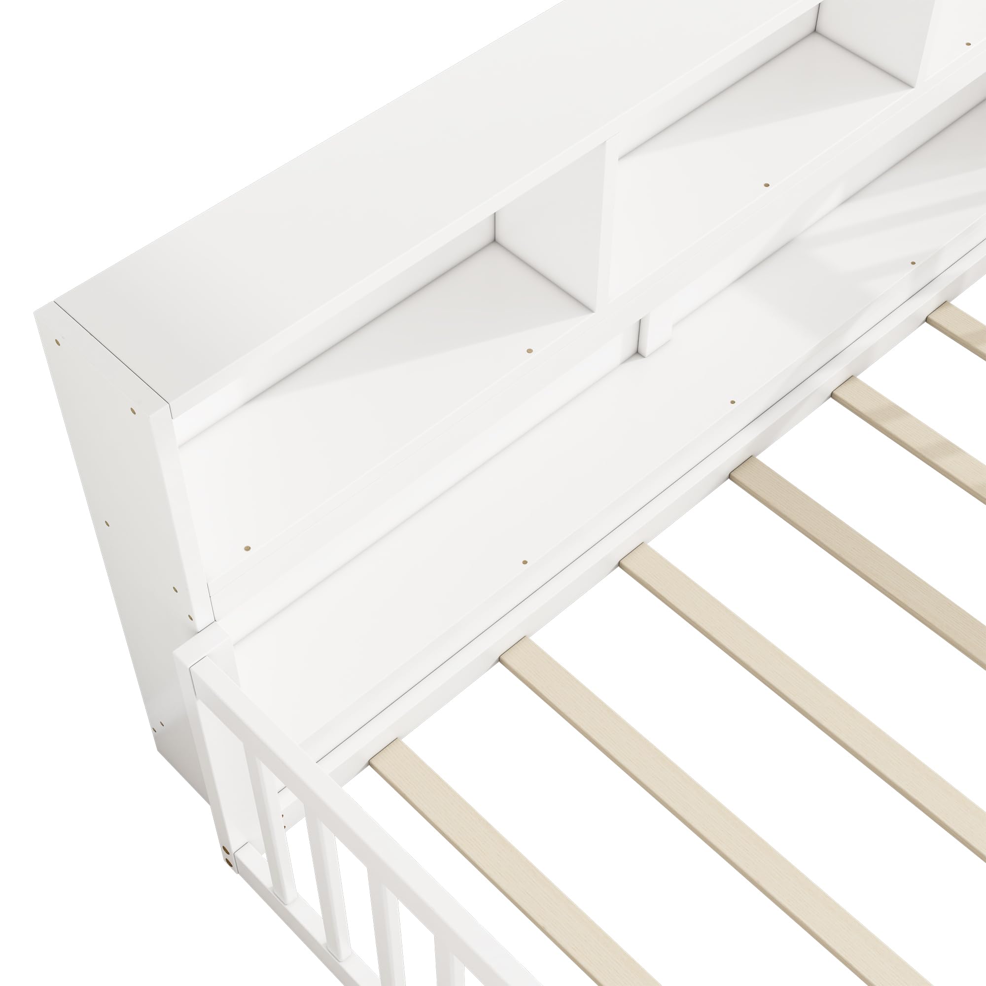 Letto da pavimento per bambini, 140 x 200 cm, con rete a doghe e protezione anticaduta, lato letto con scomparti multipli, stile semplice, per ragazzi e ragazze, in legno di pino, bianco