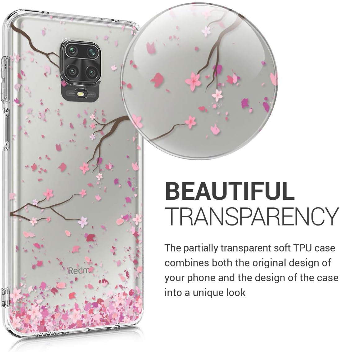 kwmobile Clear Case Compatible with Xiaomi Redmi Note 9S / 9 Pro / 9 Pro Max - Phone Case Soft TPU Cover - Cherry Blossoms Pink/Dark Brown/Transparent