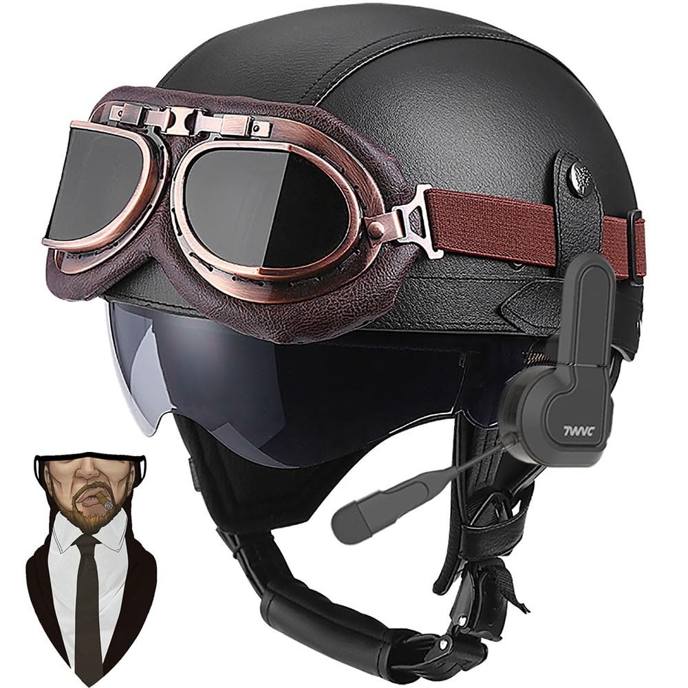 DOT Approved German Style Leather Motorcycle Helmet - Open Face Half with Goggles for Cruiser Scooter Touring - Bluetooth Retro Pilot