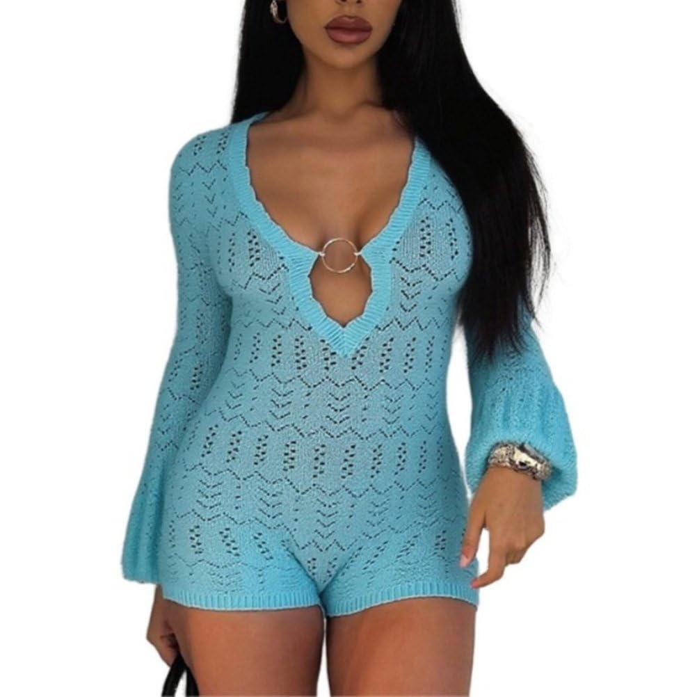 Damski seksowny pajacyk z głębokim dekoltem w szpic i długim rękawem Y2k Bodycon Dzianinowe szorty