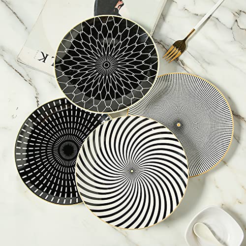 YCBH 8 Inch Set of 4 Assorted Designs, Porcelain Plates With Patterns,Black Ceramic Dessert Plates, Dishware with Golden Rim for Sandwiches Salad Pasta, Microwave Oven Dishwasher Safe (A) - Thumbnail 4