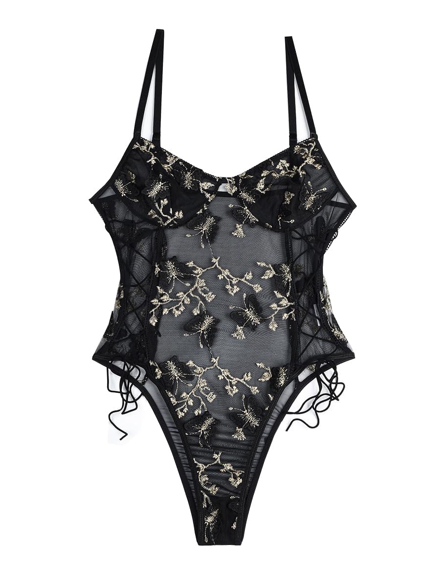 Lilosy Women Sexy Lace Up Floral Embroidered Teddy Lingerie Bodysuit Top Mesh Sheer One Piece: Medium Butterfly Black