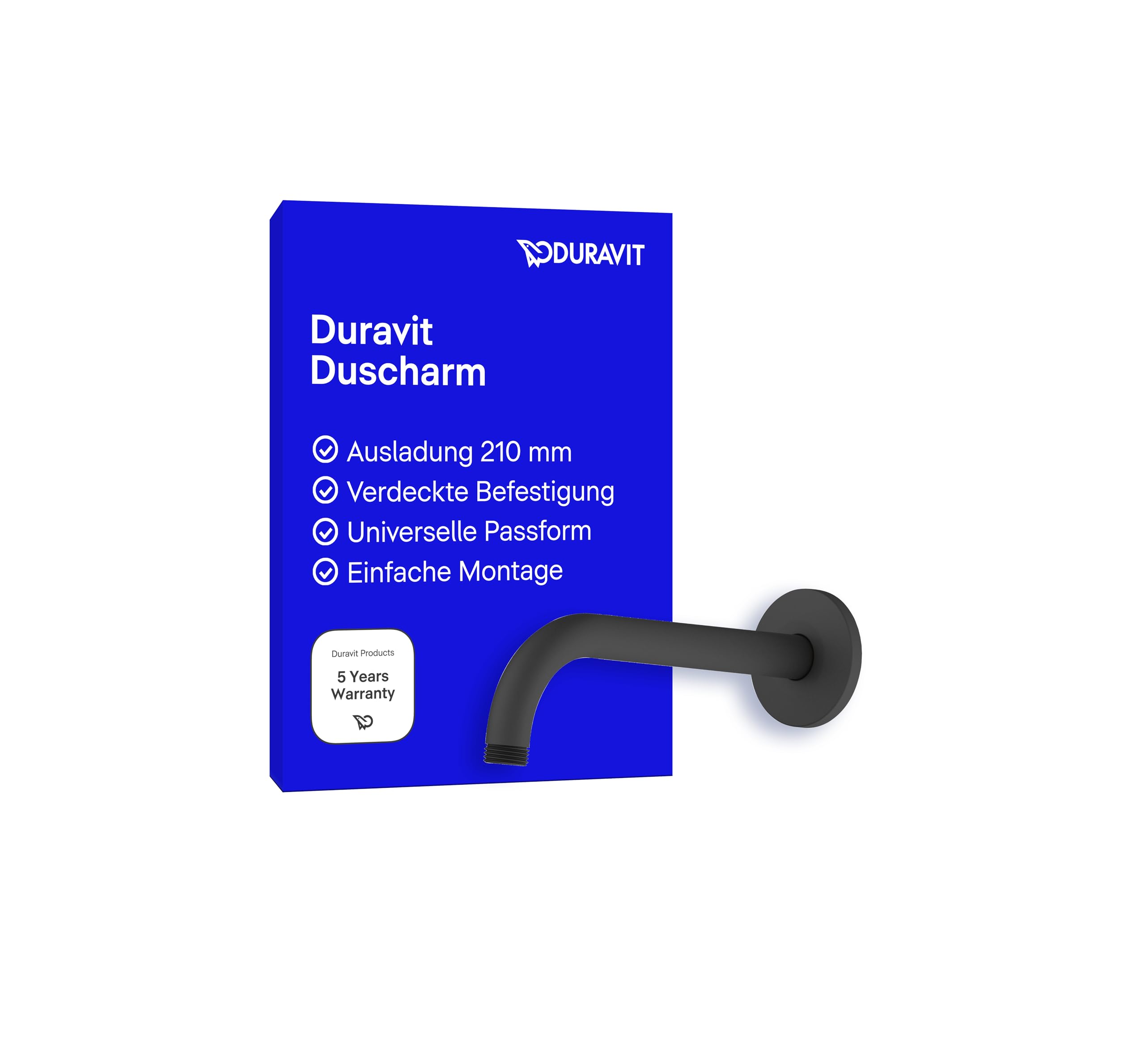 Duravit Universal Duscharm, Duscharmatur Wandbefestigung, Brausearm 210 mm, Duschbrause rund, Schwarz Matt