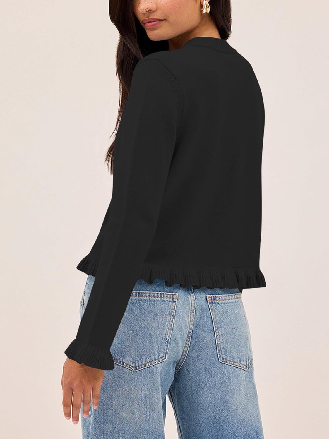 Balimtoy Womens Cropped Ruffle Cardigan Lightweight Crewneck Long Sleeve Button Down Cotton Fall Sweaters Cute Knit Top - Image 4