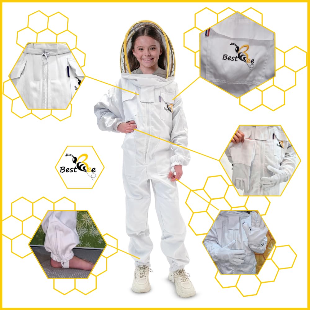 Best Bee Tuta da apicoltore per bambini (160 cm) in tessuto spesso e cotone di alta qualità, con cerniera robusta, guanti in pelle, tasche per abbigliamento anti-api, abbigliamento per apicoltura XS