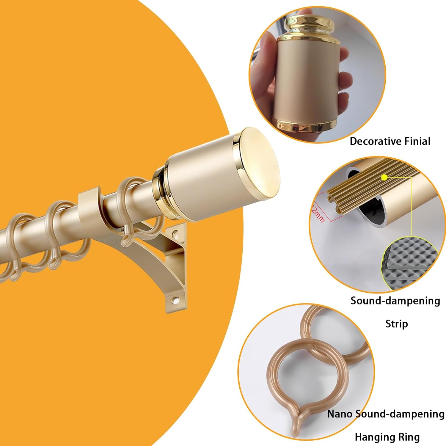 重厚なカーテンロッド 壁掛けカーテンレール 静音ロッド 装飾用キャップ 部屋の間仕切り リビングルーム、寝室用(Gold,1.7m/ カーテンロッド の天井付けで部屋が広く見える！設置のコツとおすすめアイテム 静音壁掛けカーテンロッド、頑丈な装飾カーテンレール シングル、間仕切りや出窓(ローズゴールド,250 cm (8.2ft))