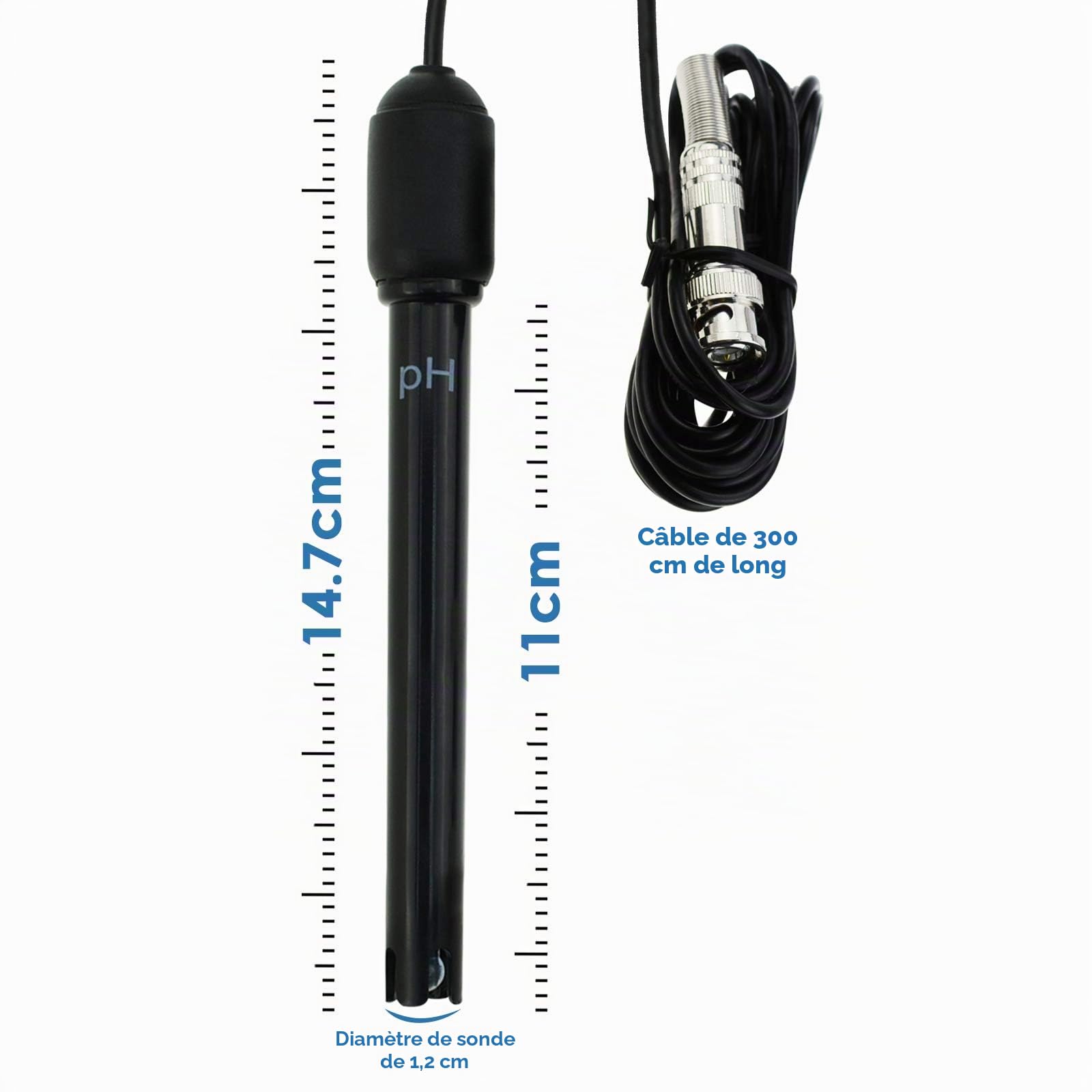 0-14 pH 300cm 3000mm 118in Remplacement BNC Électrode Sonde Connecteur Câble Capteur pour ph Moniteur Contrôleur Testeur Mètre Kit Ensemble Aquarium Hydroponique Plante Piscine Spa