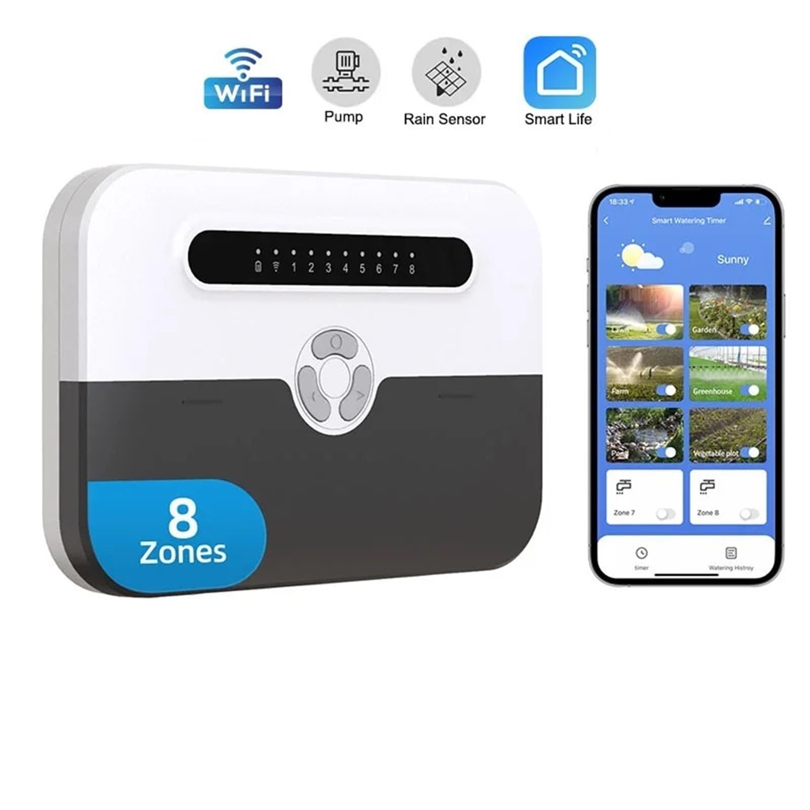 Controlador de riego. Controlador De Riego Inteligente De 8 Zonas, Compatible con Control De Bomba con Sensor De Lluvia, De Riego Temporizador de riego