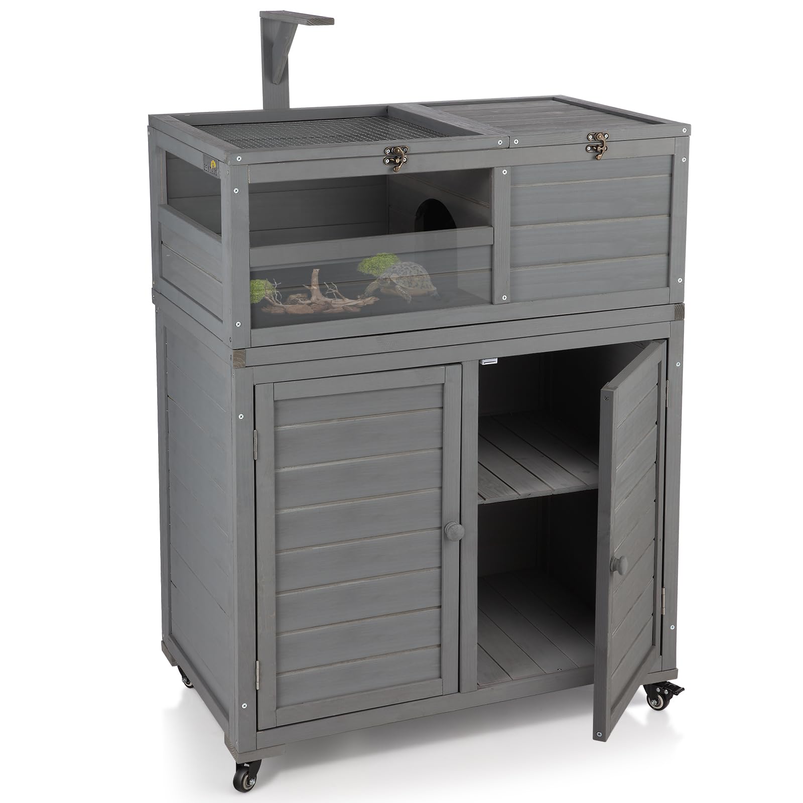 Wooden Tortoise Habitat with Storage and Wheels, Large Turtle Enclosure Cage with Lamp Holder, Tortoise Enclosure Indoor & Outdoor, Reptile Enclosure