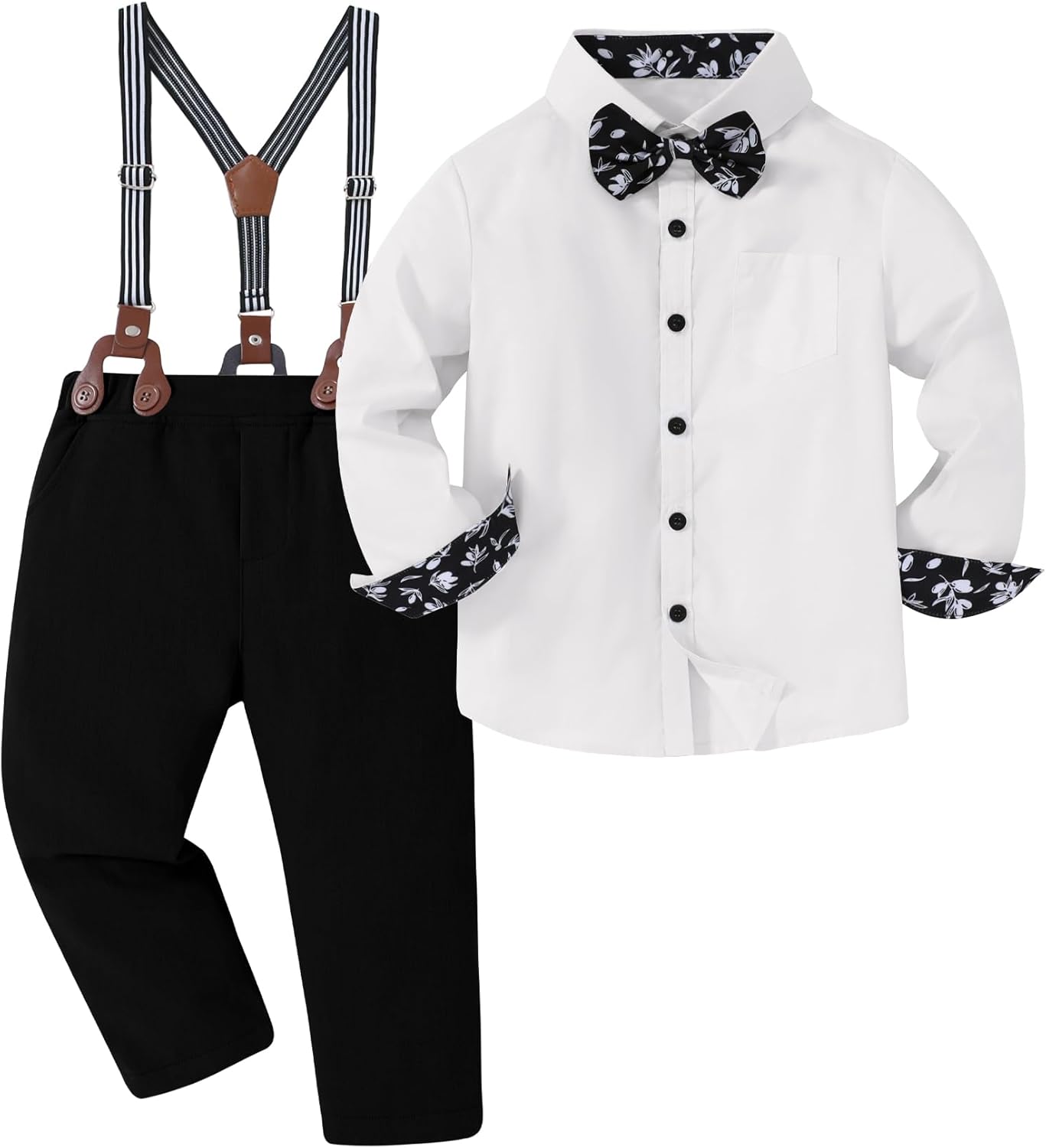 DISAUR Boy Formal Suits Wedding Outfit Long Sleeve Button Down Dress Shirt Bow Tie Suspender Pants Gentleman for 5-9 Years