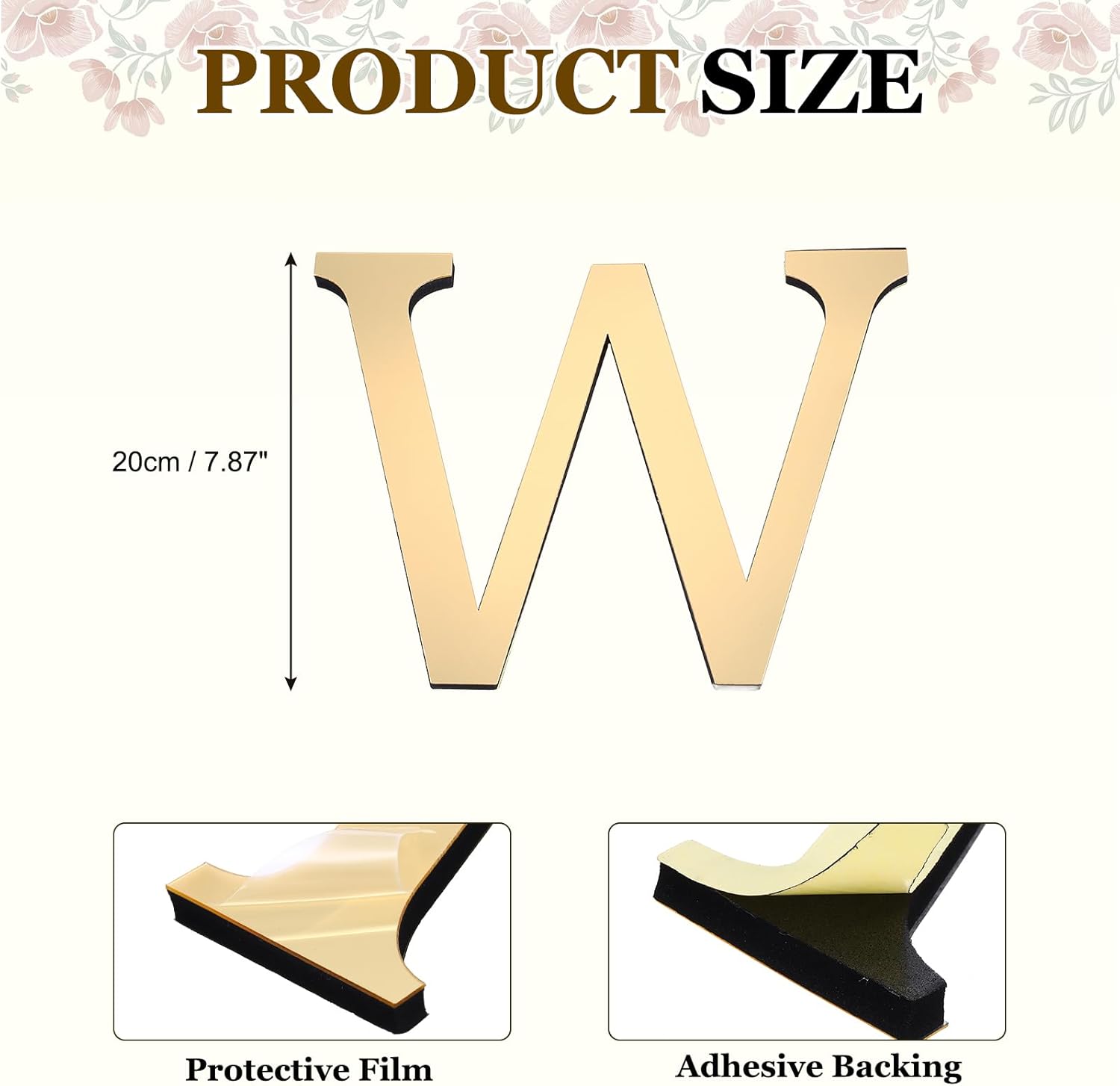 PATIKIL 7.87 Inch 3D Acrylic Alphabet Mirror Wall Stickers Letter W Self-Adhesive Home Decor Letter Sign Art Sticker Decal for DIY Home Decoration Light Gold