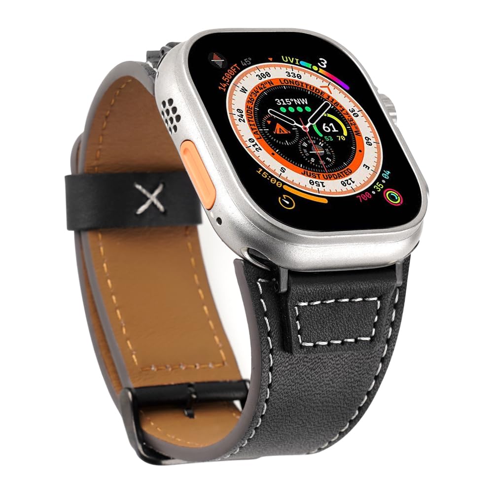 Leather Band Compatible for Apple Watch Ultra 2 Band for Men 49mm 46mm 45mm 44mm 42mm Series 10/9/8/SE/7/6/5/4/3/2, Rugged Vintage Extra Wide Watch