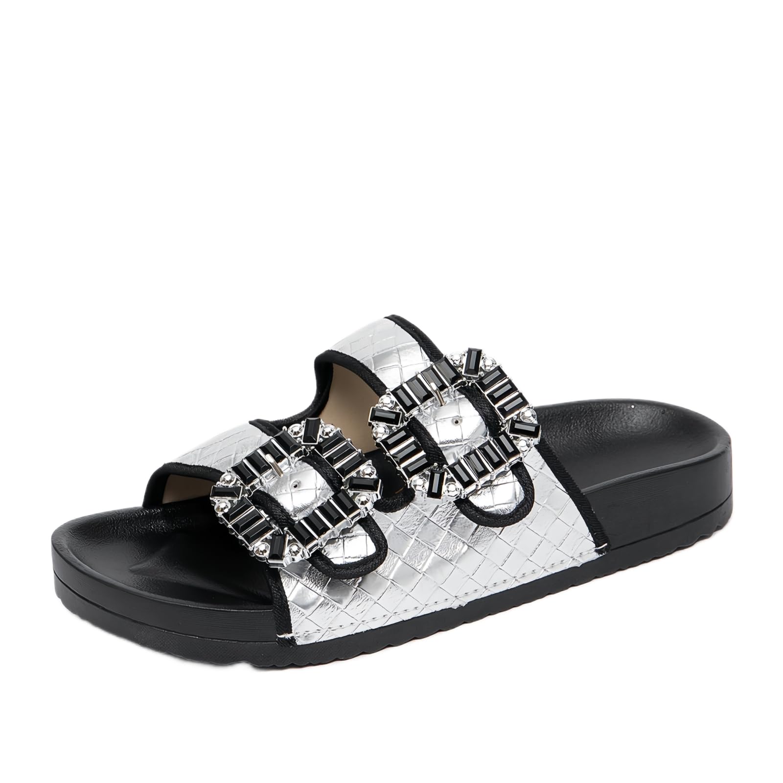ROULVXIANG Women's Double Buckle Fur-lined Comfort Slide Sandals - Black Silver, Style with Crystal Buckle Comfortable Insole