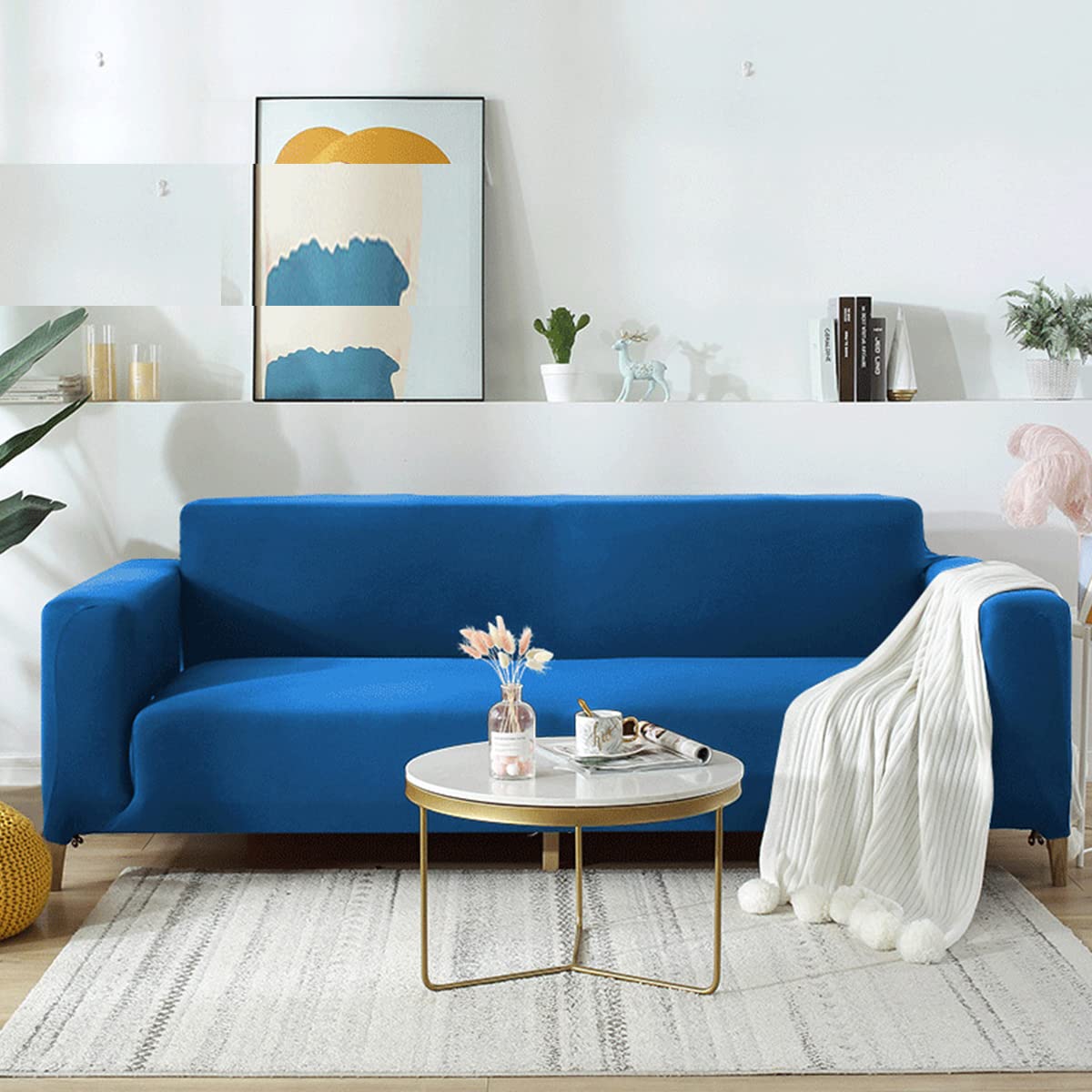 Housse canapé en L extensible bleu canard pour un salon moderne et chaleureux