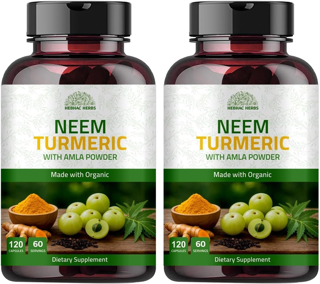 Neem Turmeric Capsules with Amla and Black Pepper 120 Veg Capsule | Made with Organic Neem, Turmeric and Amla | 60 Days Supply (Pack of 2)