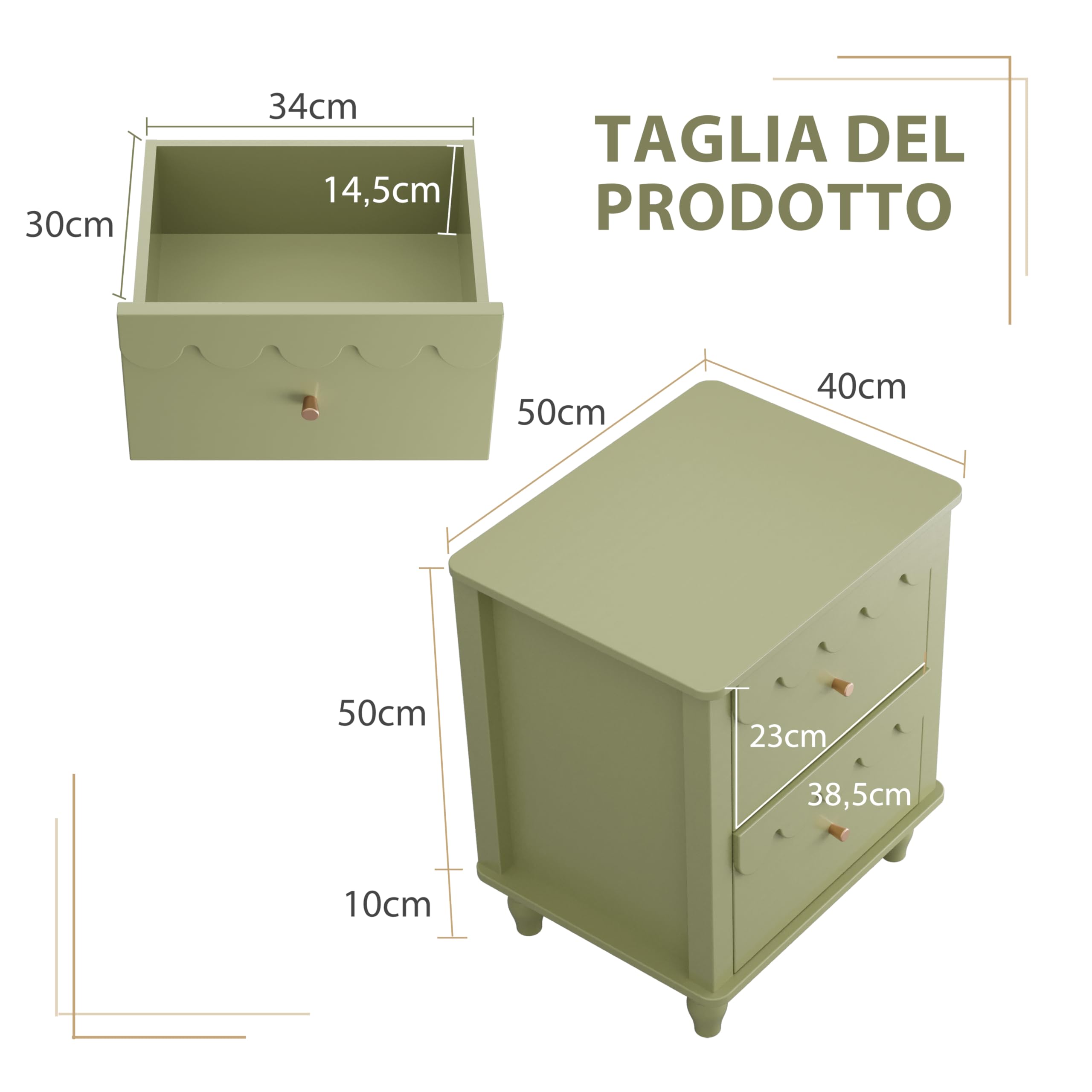 UEV Set di 2 Comodini, Tavolino Laterale con Design a Onde, Tavolino da Divano Colorato, 2 Cassetti Portaoggetti, per Soggiorno, Camera da Letto, Ufficio, 50 x 40 x 60 cm, Verde