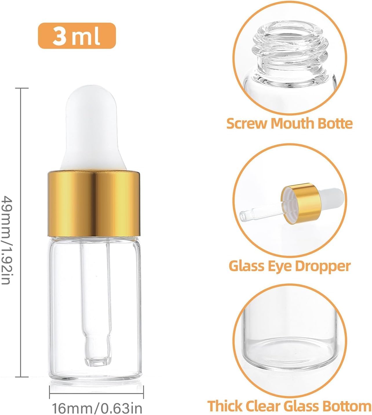 Small Dropper Bottle 3ml – 100pcs Clear Glass Bottles with Golden Collar for Essential Oils, Serums, Perfume Samples, Crafting, DIY Skincare, Travel