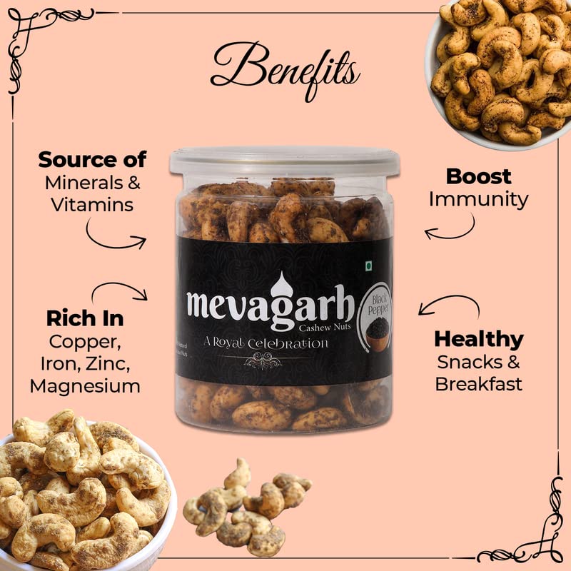 Mevagarh Dry Fruitt Whole Cashew 4 PC PIECES | Whole Cashew Nut | Cashew in fresh Jar | Gluten & GMO Free | Super Crunchy, Delicious & Healthy Nuts (Pack of 1, Black Pepper (200 g))
