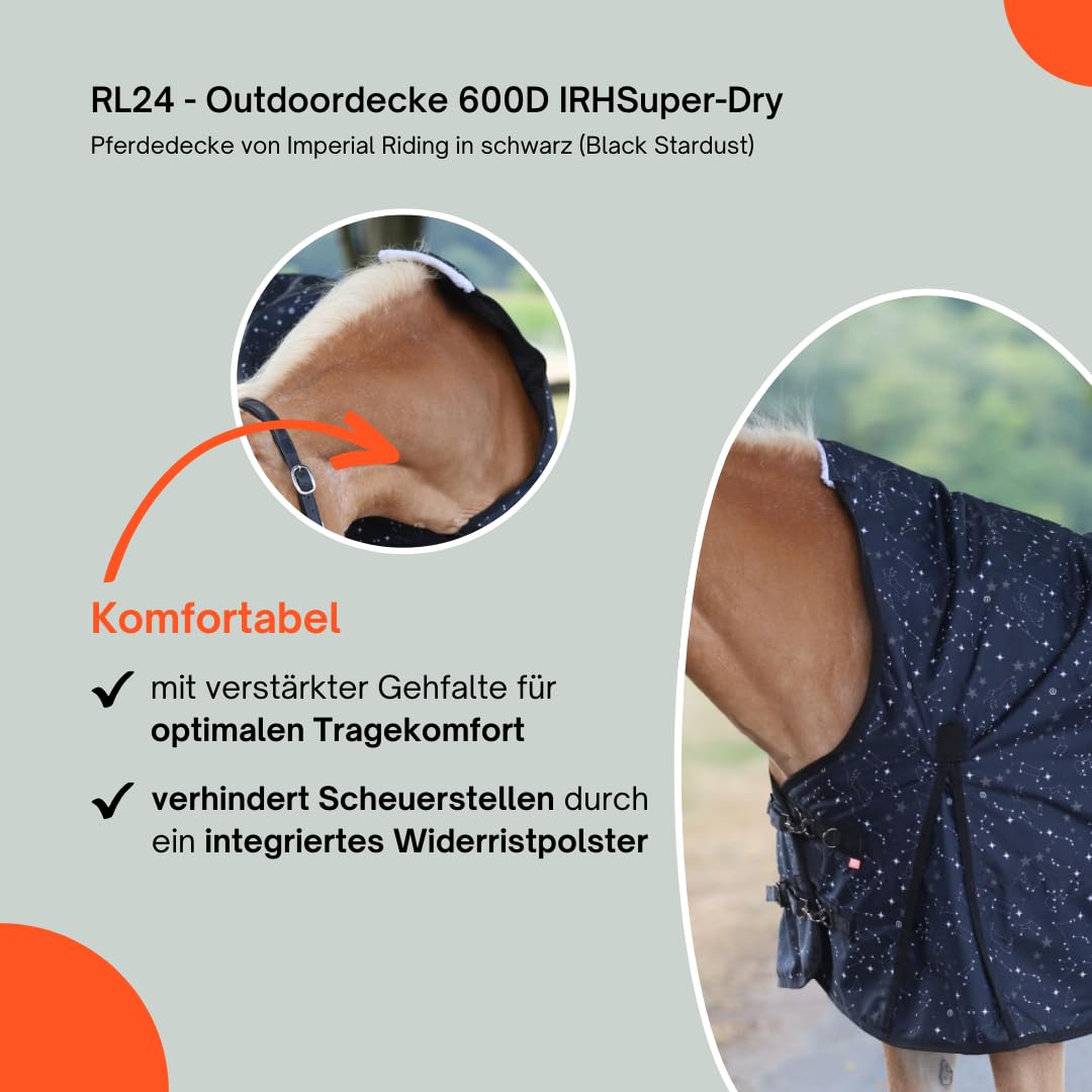 RL24 - Outdoordecke 600D IRHSuper-Dry Stardust Black 125cm | Pferdedecke von Imperial Riding mit Fleece-Futter – Regendecke, Übergangsdecke & Winterdecke – wasserdichte Weidedecke