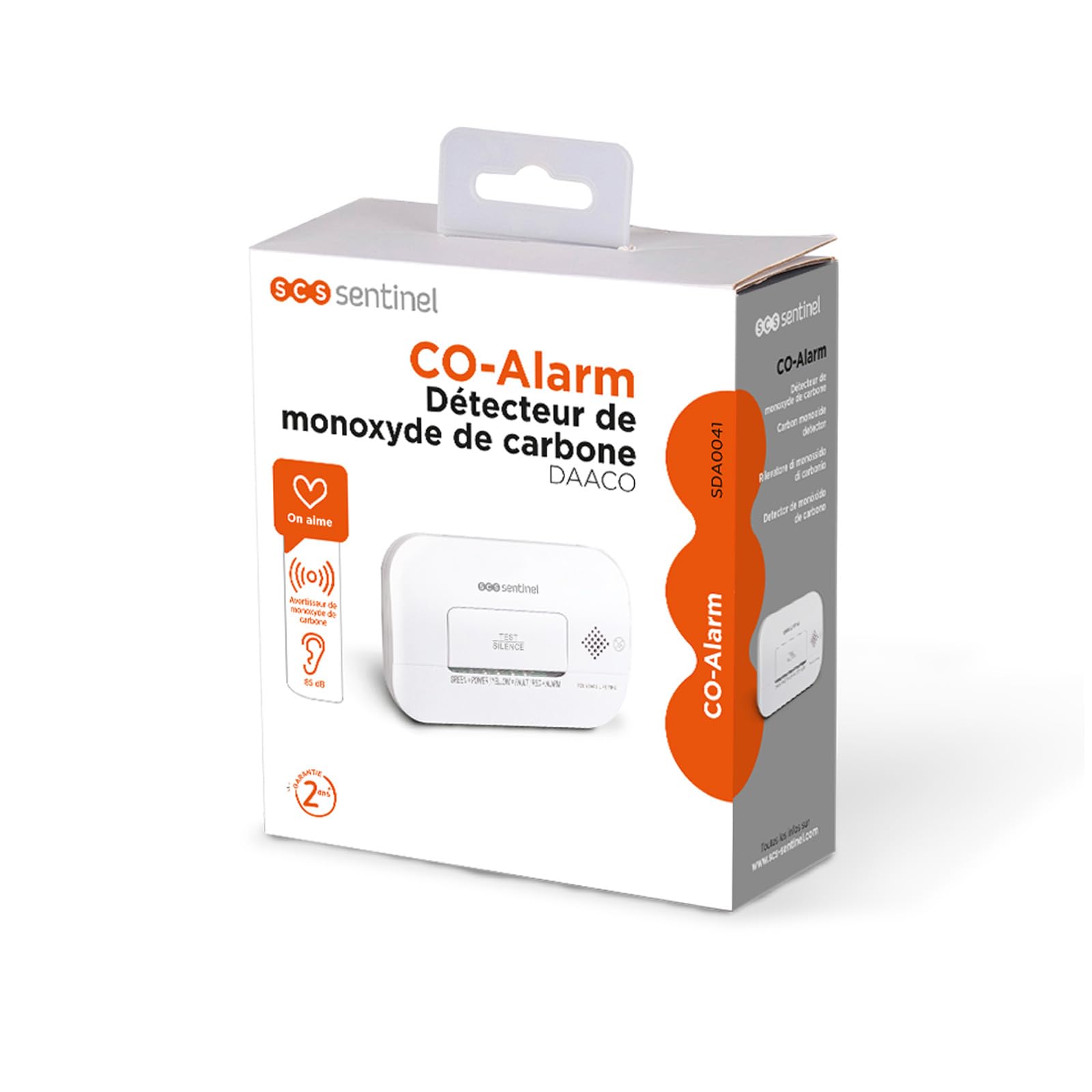 SCS Sentinel - SDA0041 - Détecteur de monoxyde de Carbone - Alarme 85 DB Minimum - Bouton d’Auto-Test - Alarme sonore avec indicateur Lumineux - 2 Piles LR6-AA-1,5V - CO-Alarm