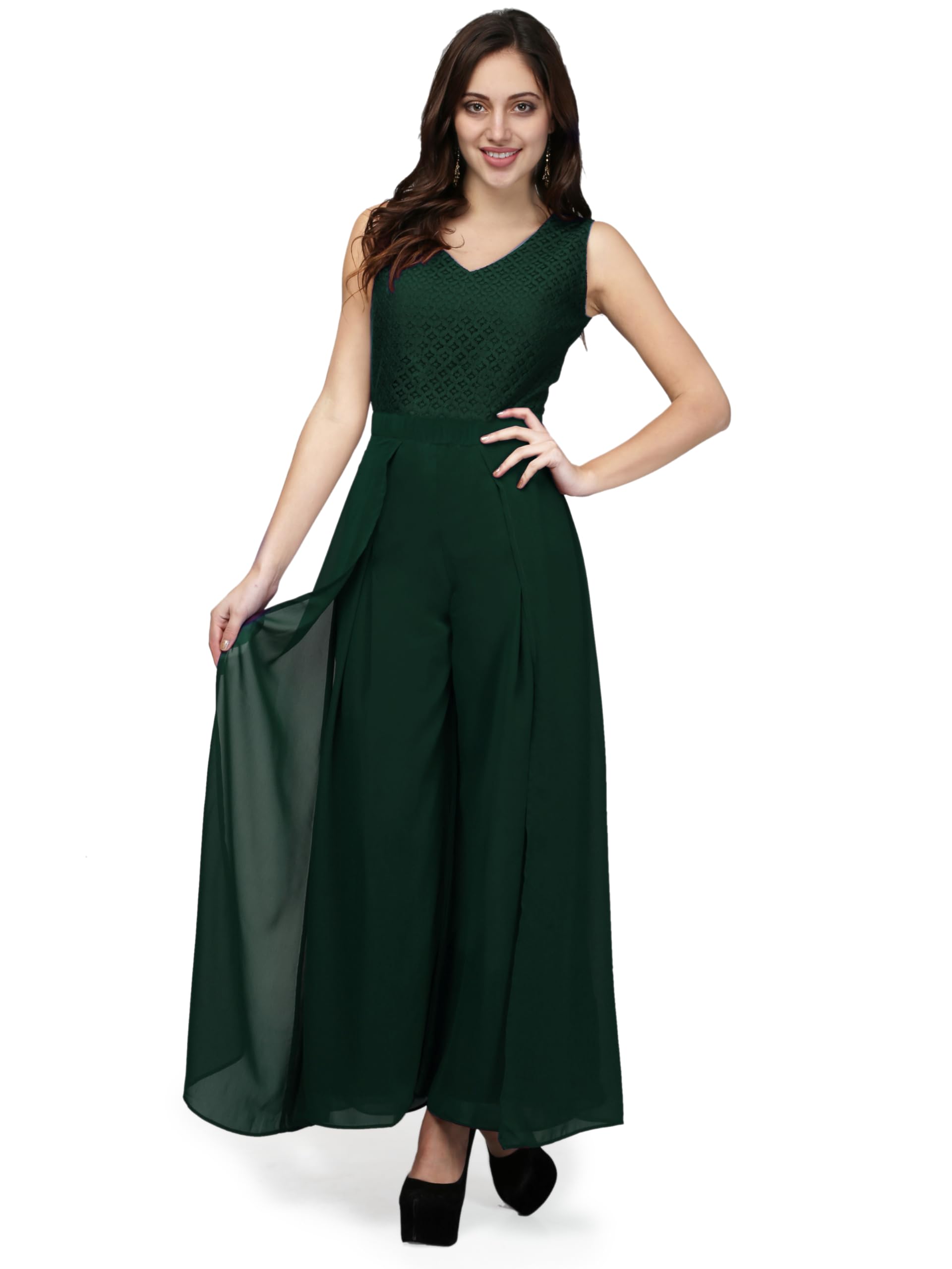 v&m Women's Maroon Sleeveless Party Wear Jumpsuit | Stylish V-Neck One-Piece with Sheer Overlay & Flared Palazzo Bottom | Western Dress for Festive & Evening Wear-picture-17