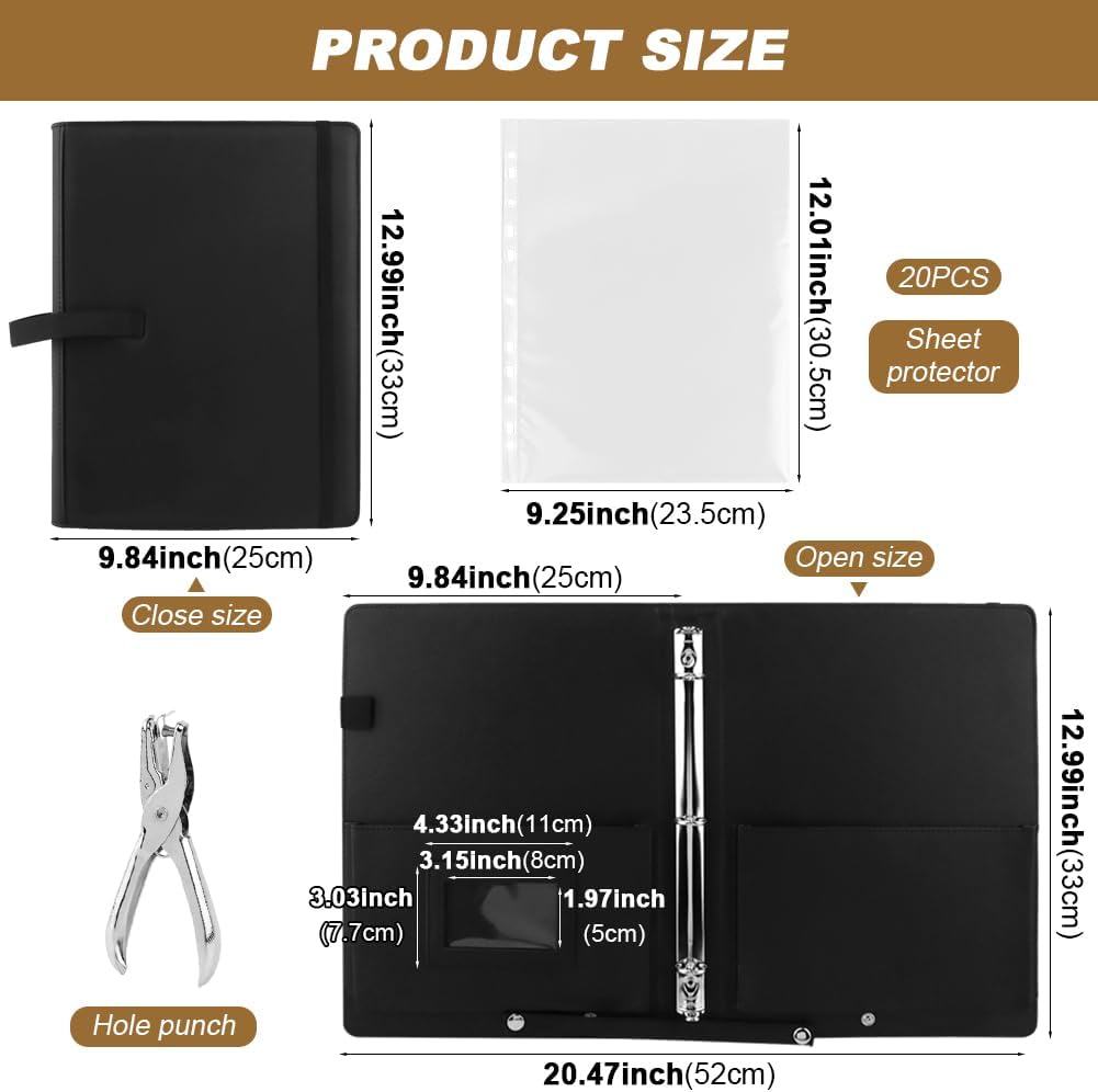 Sheet Music Folder, 13 x 9.8 in PU Leather Padded Choral Music Binder, 3-Ring Organizer Fits A4/Letter 8.5 x 11 in, Holds 220 Pages, Expandable Pockets, with 20 Clear Sheet Protectors, Hole Puncher