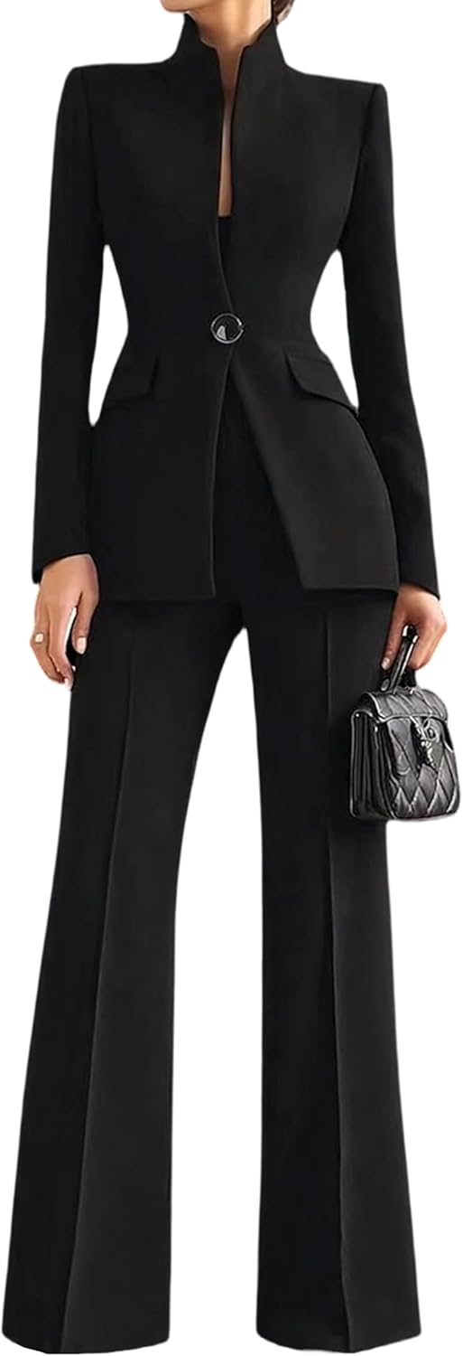 YMING Women's 2 Piece Pants Suits Stand Collar One Button Blazers and Wide Leg Pant Sets Solid Color Outfits with Pockets