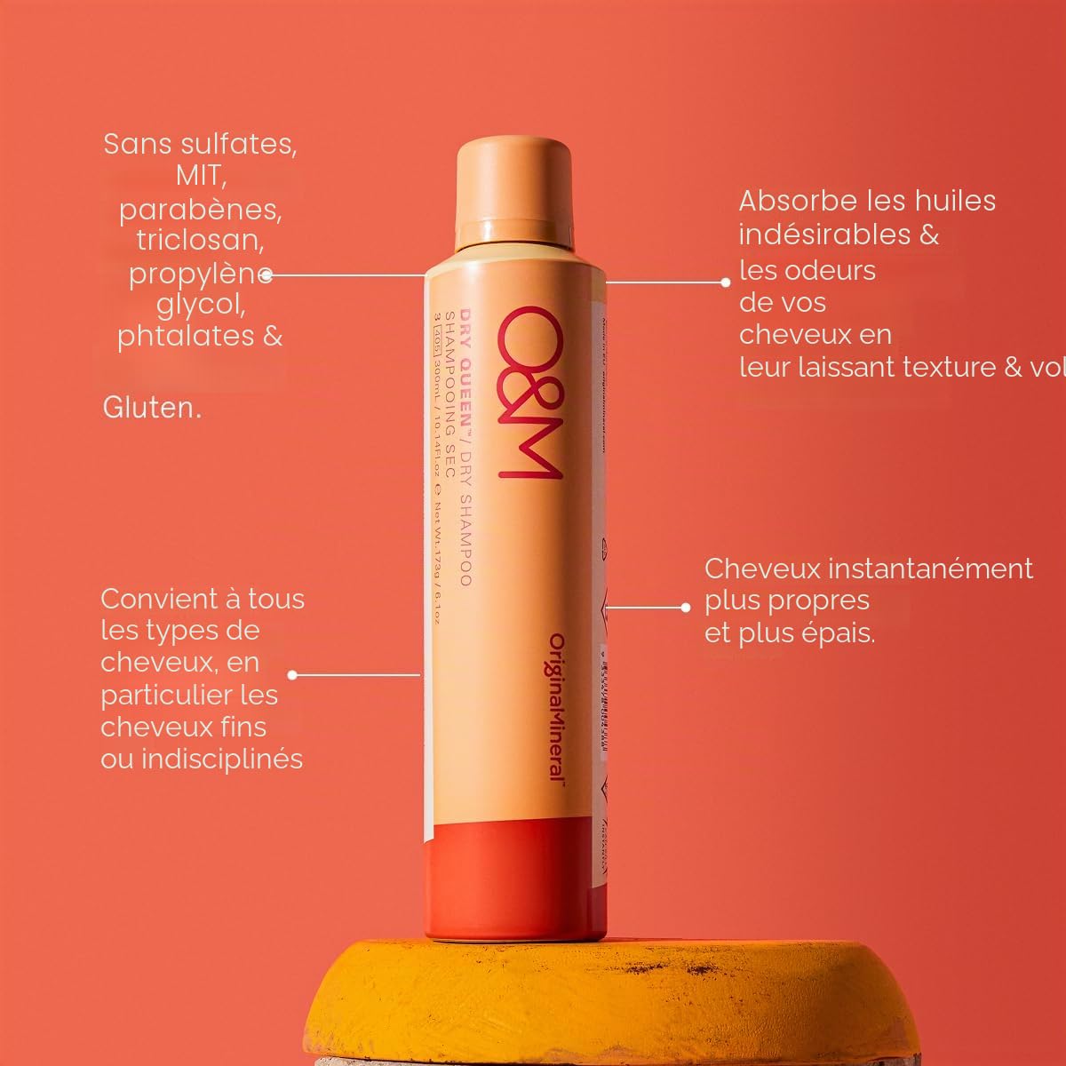 O&M Dry Queen Shampooing Sec (300ml) – Shampooing sec pour volume & fraîcheur – Nettoyage immédiat sans eau – Sans sulfates, parabènes & silicones – Certifié PETA, vegan, fabriqué en Australie