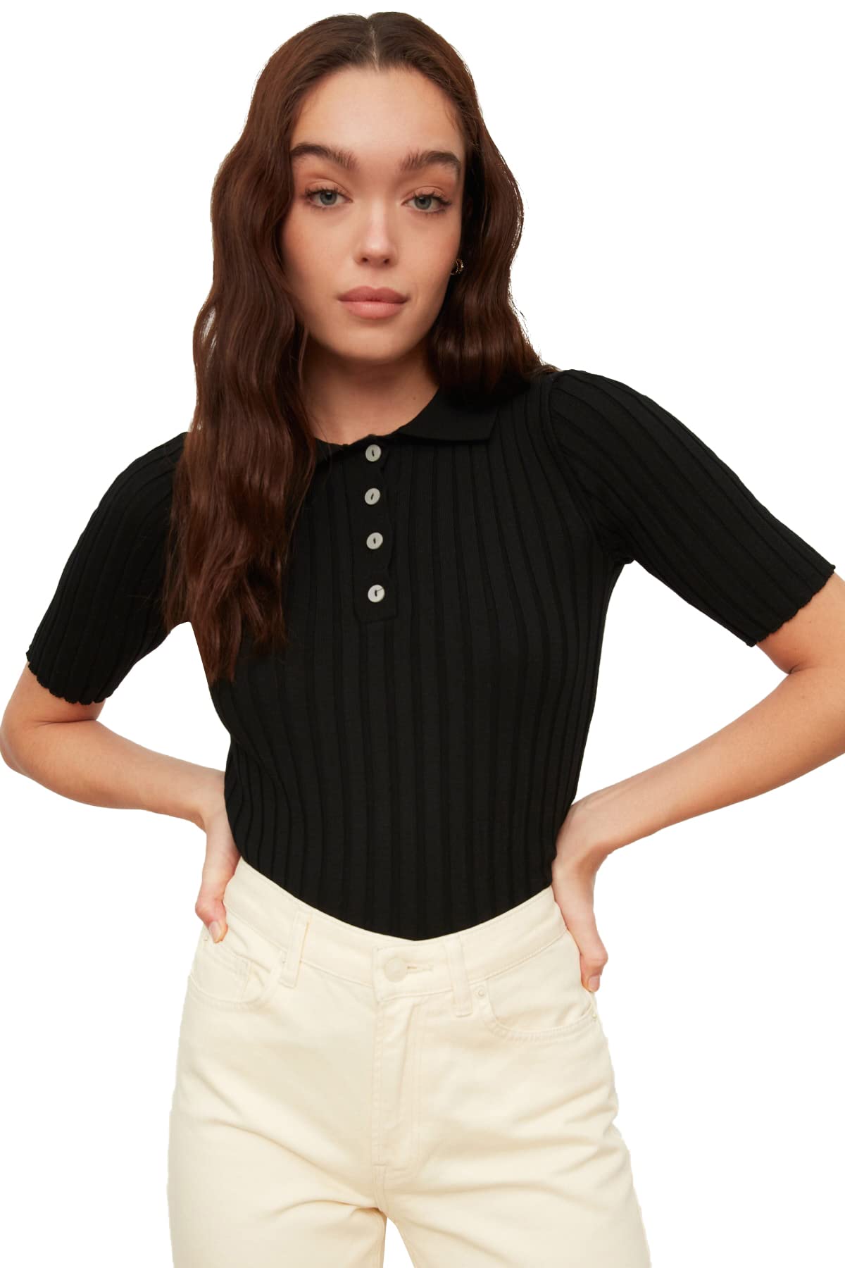 TRENDYOL Damen Black Polo Collar Knitwear Jumper Sweater, Schwarz, S EU