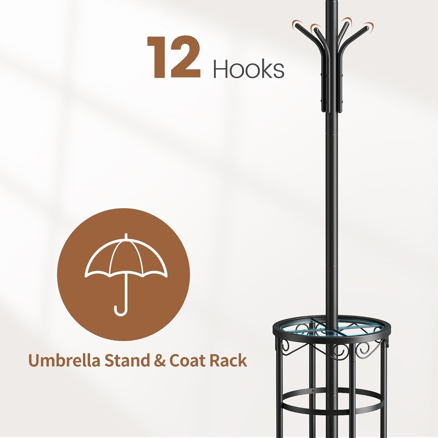 FILWH Coat Rack Freestanding with Umbrella Stand Coat Rack Stand with 12 Hooks Metal Coat Tree Coat and Hat Hanger Jacket Entryway(Black)