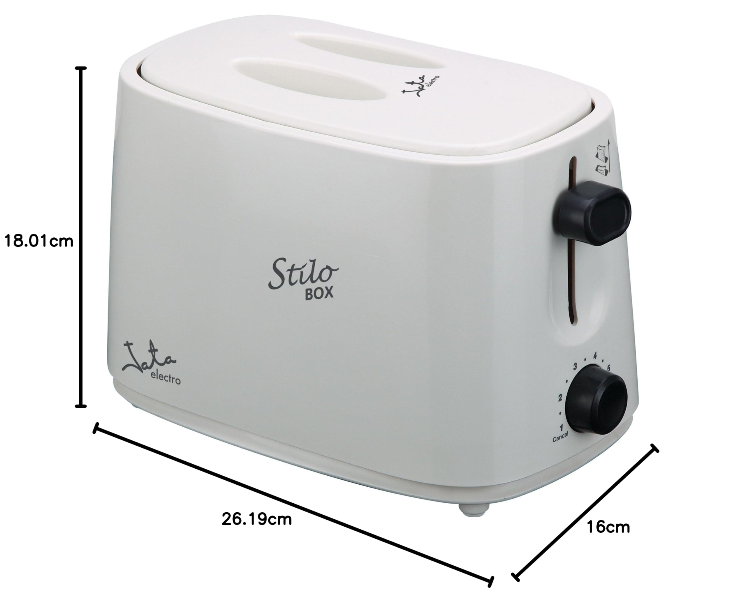 Jata TT331 Tostadora con Tapa, Dos Ranuras Extra Anchas, Con selector electrónico de tostado, 6 posiciones, Cuerpo toque frío, Bandeja recogemigas, Centrado automático del pan, 750 W, Blanco
