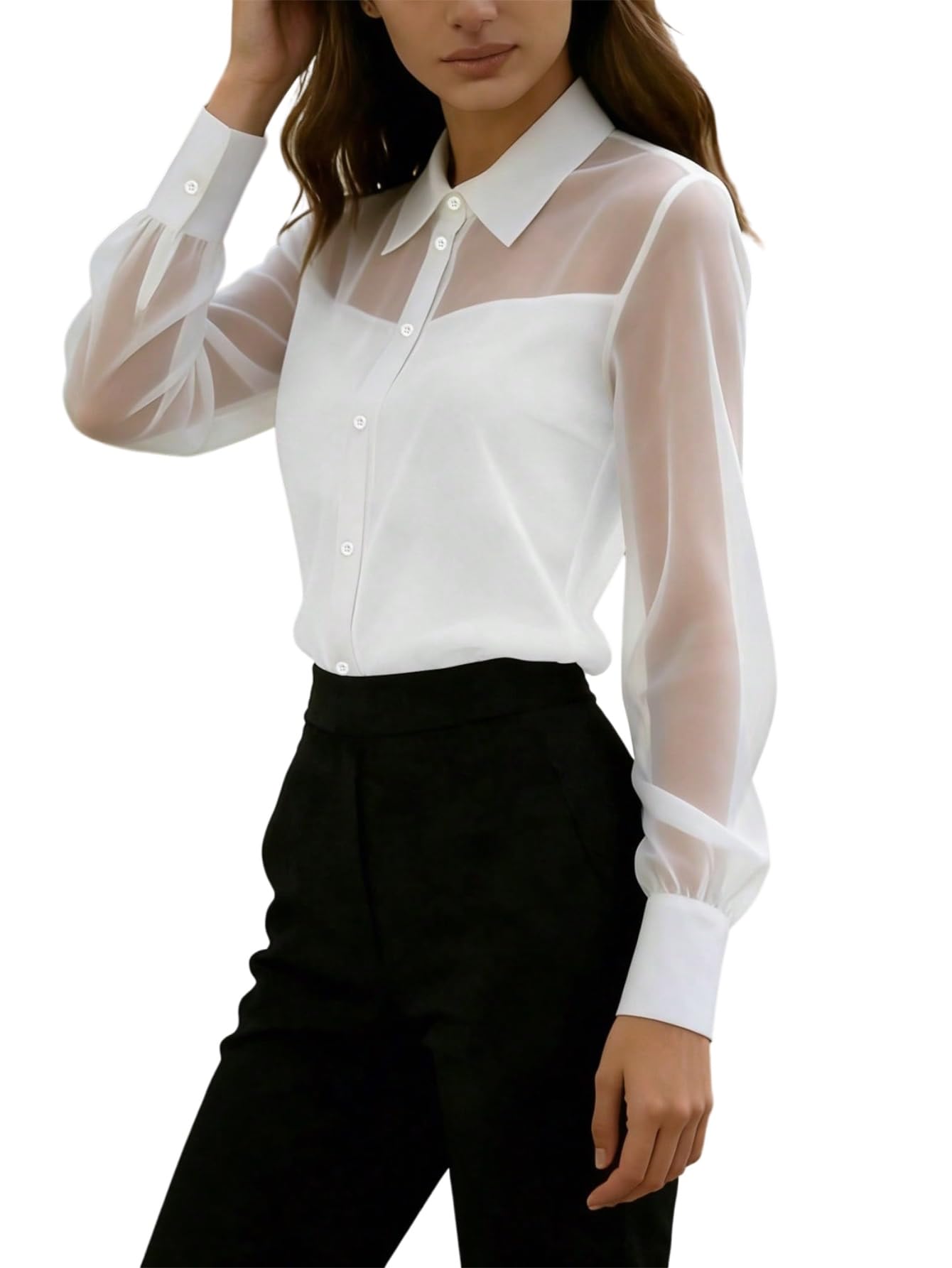 GORGLITTER Camicetta da donna elegante in rete, da ufficio, a maniche lunghe, con pendolo trasparente, slim fit, camicia da ufficio
