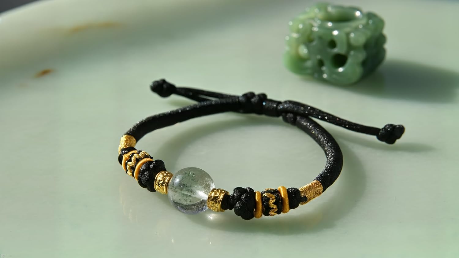 Chinese Style Green Phantom Quartz Bracelet for Men and Women | Adjustable Handmade Rope, Lucky Gold Bead, Healing Crystal Energy, Feng Shui Inspired