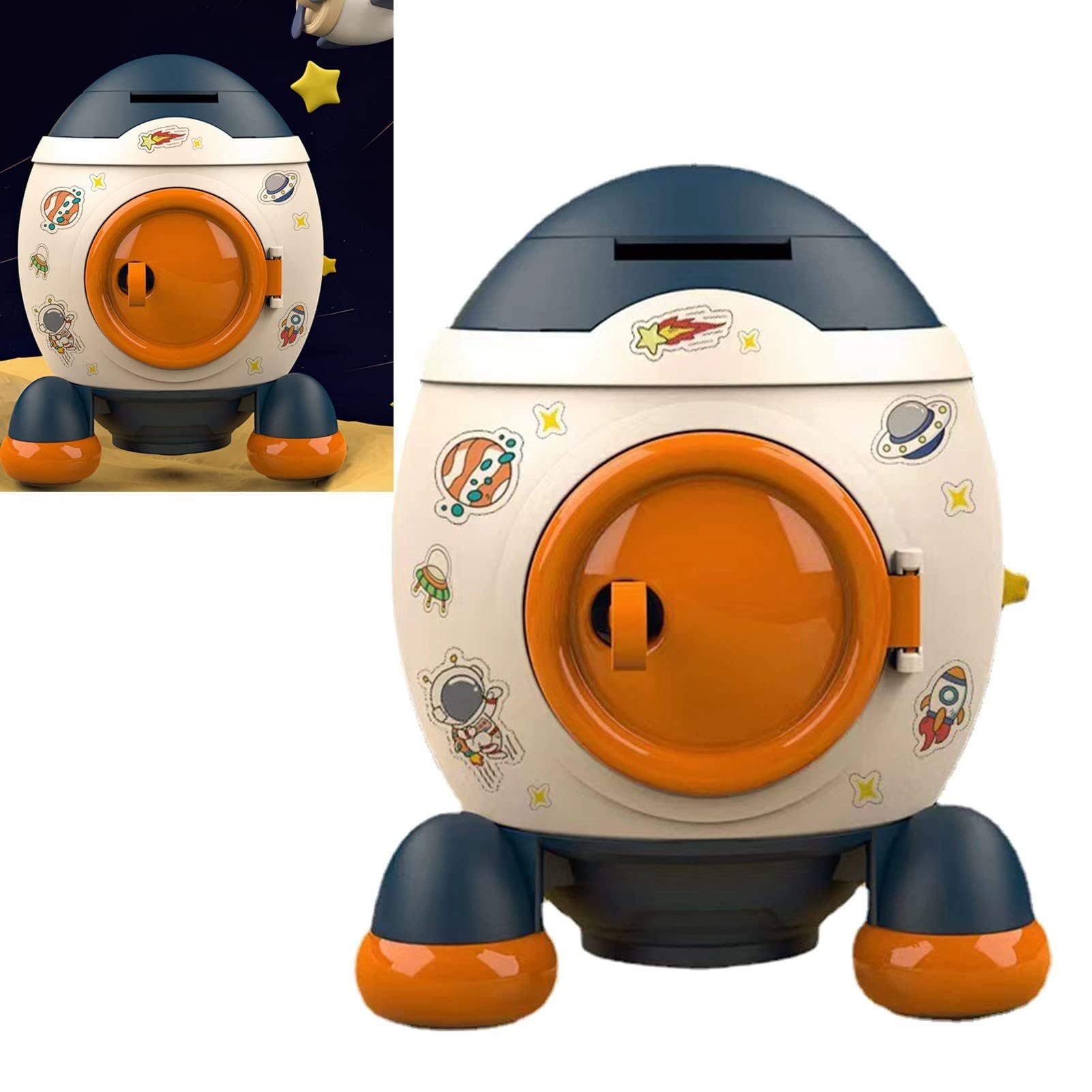 Salvadanaio a forma di razzo spaziale, stile cartone animato, salvadanaio per bambini, monete, salvadanaio per bambini, salvadanaio per bambini e ragazze (blu Morandi)
