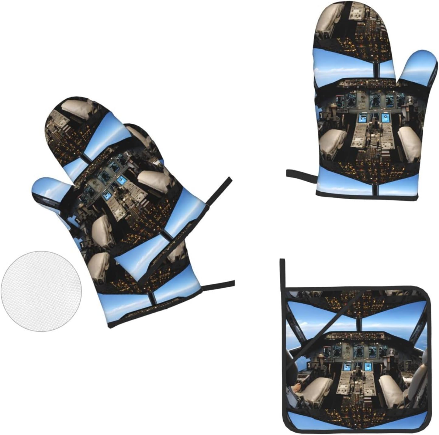 (Airplane Cockpit Print) Baking 4-Piece Set: 2 Oven Mitts and 2 Pot Holders Heat Resistant Waterproof Hanging Loop for Kitchen Oven Grill Housewarming Gifts
