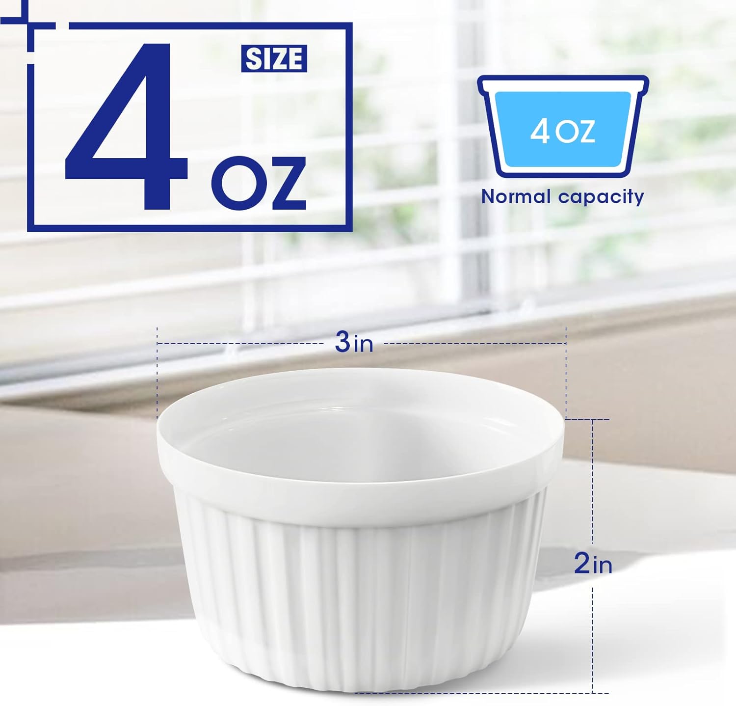 Diagram showing the dimensions of a Uten ramekin: 4oz capacity, 3 inches wide, 2 inches high.