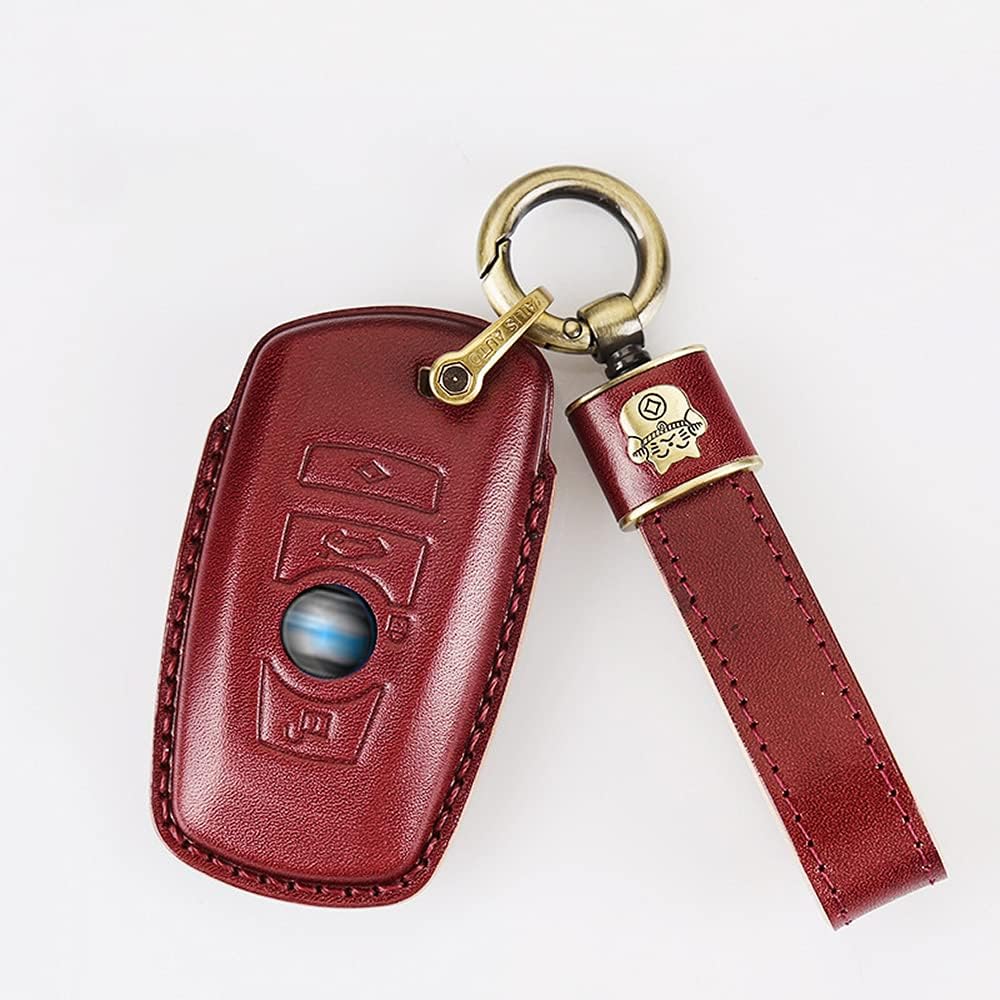 SANRILY Key Fob Cover for BMW 3 7 6 5 Series Remote Control Key Case Full Protection Premium Leather Key Shell with Lucky Cat Keychain Red