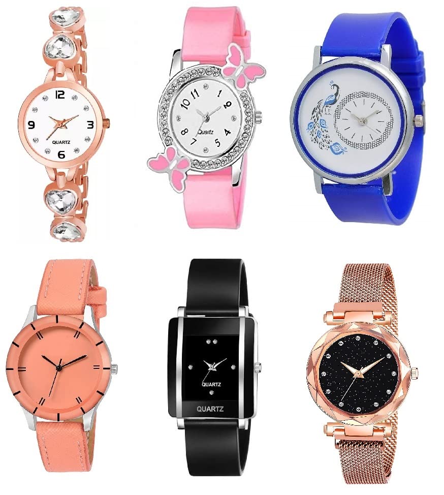 K Vajir Analogue Multicolour Dial, Multicolour Strep Watch for Girl's and Women's Watch - Combo of 6, Multi-Colour, Medium, Classic