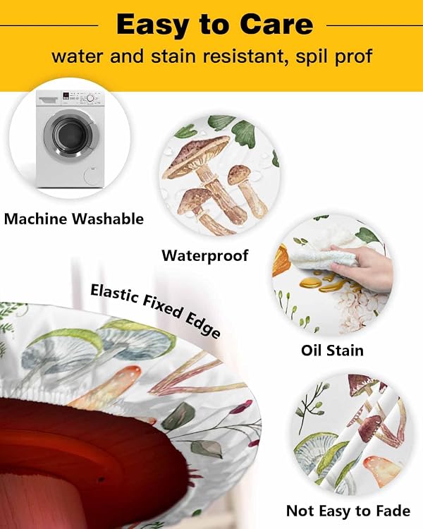 Mushrooms Round Tablecloth Fitted Table Cloth with Elastic Outdoor Round Table Cover Waterproof Wipeable Tablecloth for 55"-60" Table Spring Watercolor Mushroom Flowers Leaves Texture White Tablecloth by SEVENBABU - Used condition - Image 3