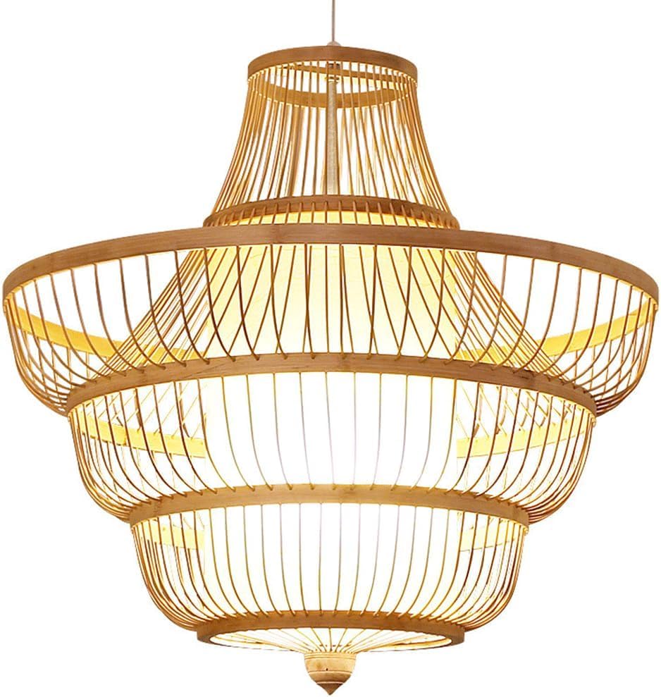Suspension bambou tressé main et plafonnier en bois pour salon